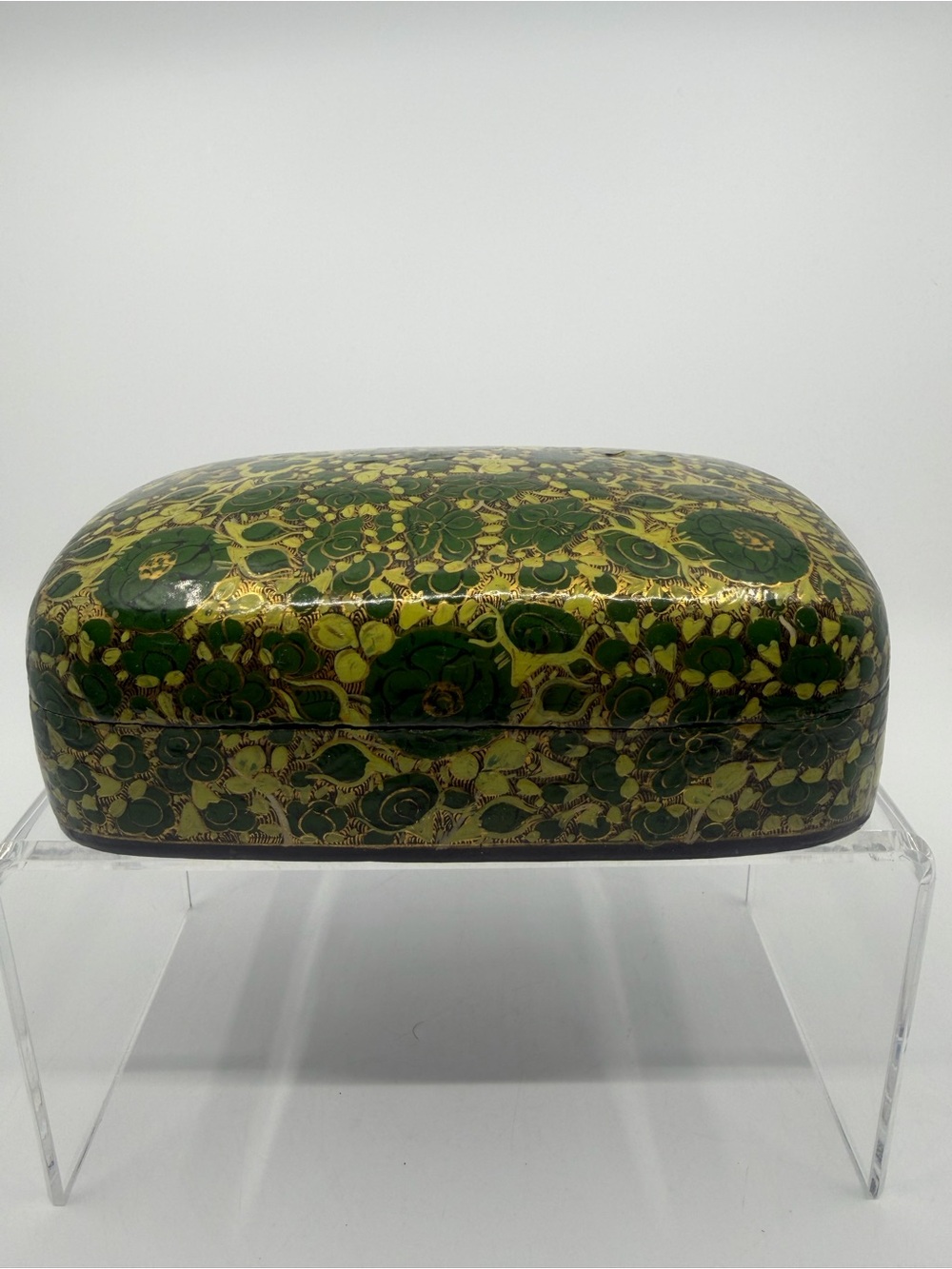 Decorative Kashmir Green & gold Floral Lacquered Trinket Box